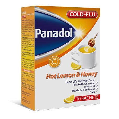 Panadol Cold + Flu Evaporator and Decongestant 10 sachet hot lemon & honey imported dubai